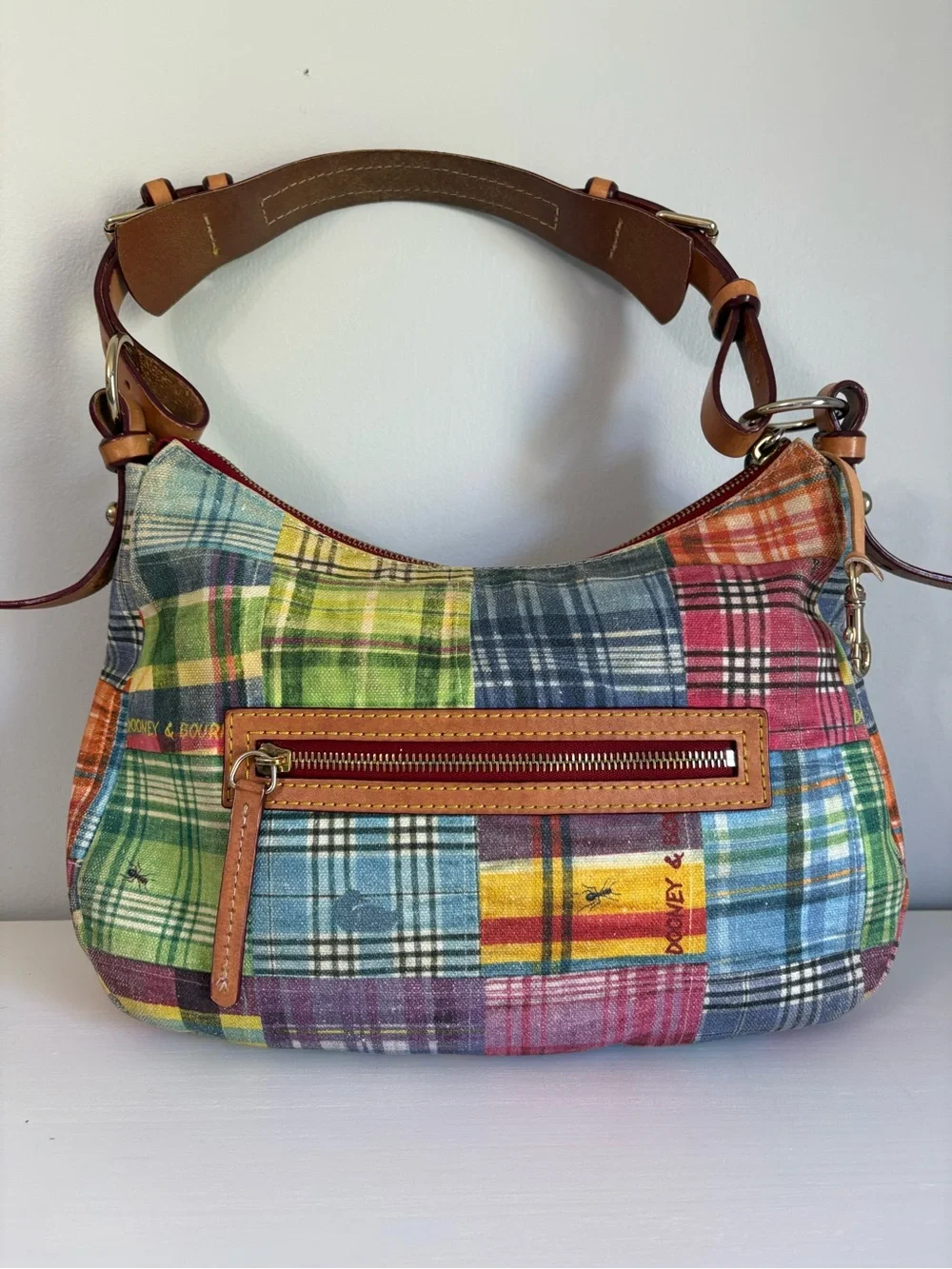 RARE Vtg Dooney & Bourke Picnic with Ants Madras Plaid Hobo Bag | Y2K Boho Chic - Picture 9 of 14